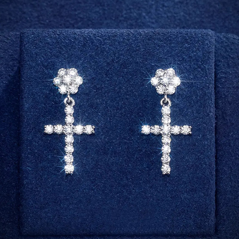 Moissanite Flower Cluster Cross Earrings in S925 Silver