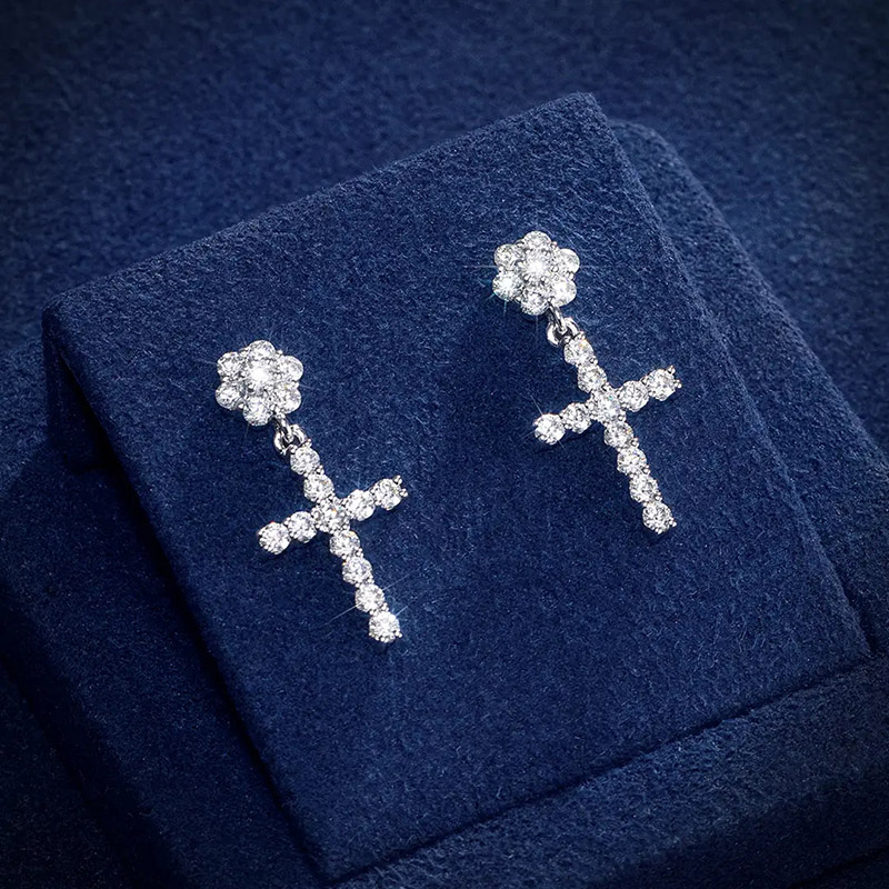 Moissanite Flower Cluster Cross Earrings in S925 Silver