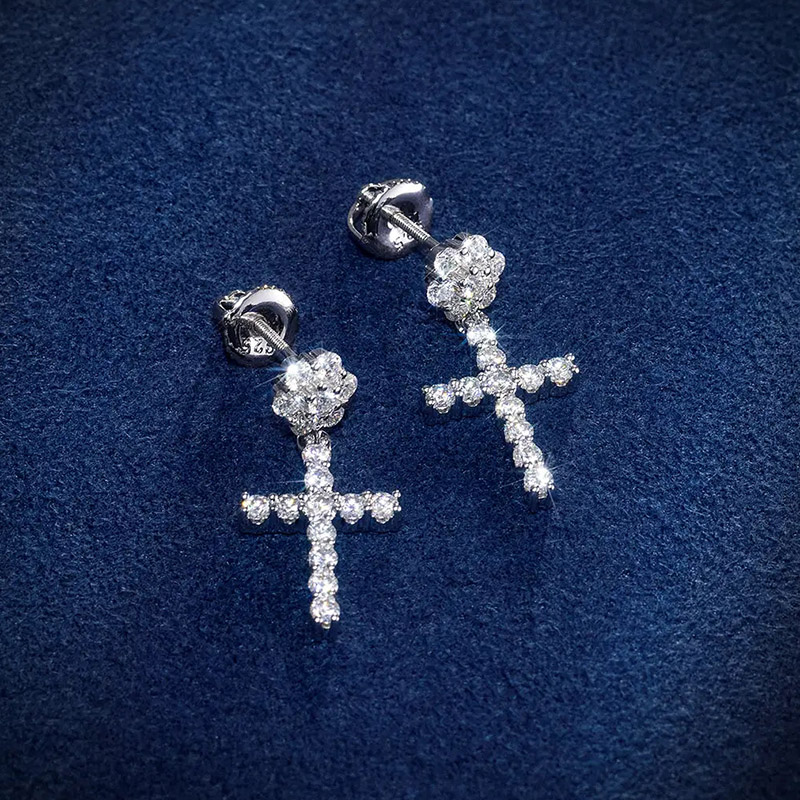 Moissanite Flower Cluster Cross Earrings in S925 Silver