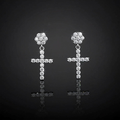 Moissanite Flower Cluster Cross Earrings in S925 Silver