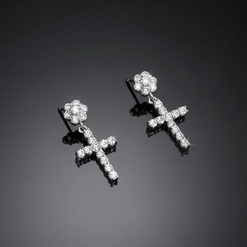 Moissanite Flower Cluster Cross Earrings in S925 Silver Moissanite Flower Cluster Cross Earrings in S925 Silver
