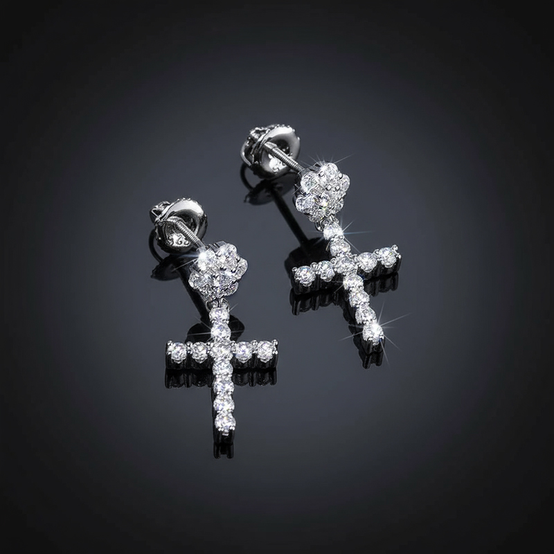 Moissanite Flower Cluster Cross Earrings in S925 Silver Moissanite Flower Cluster Cross Earrings in S925 Silver