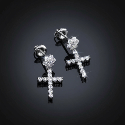 Moissanite Flower Cluster Cross Earrings in S925 Silver