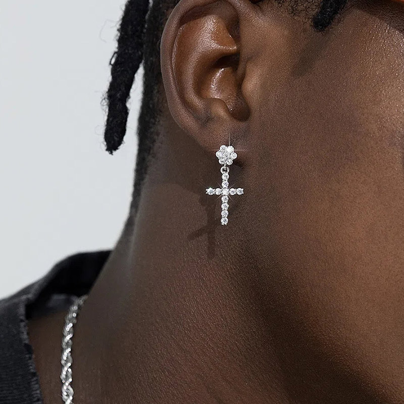 Moissanite Flower Cluster Cross Earrings in S925 Silver Moissanite Flower Cluster Cross Earrings in S925 Silver