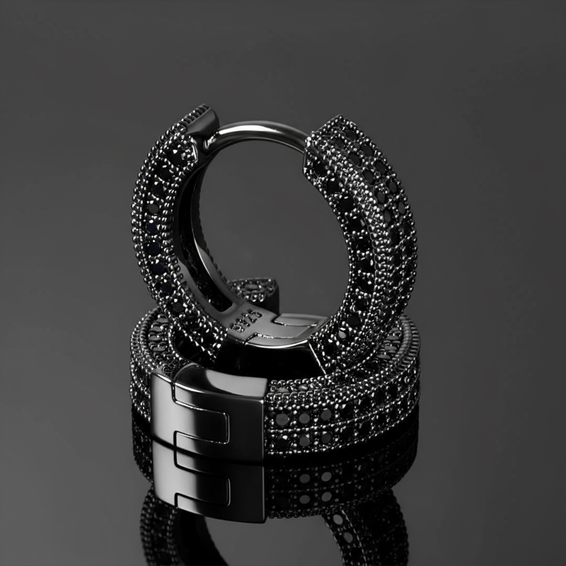 Moissanite Micro Pave Hoop Earrings in S925 Sterling Silver with 18K Black Gold Plated