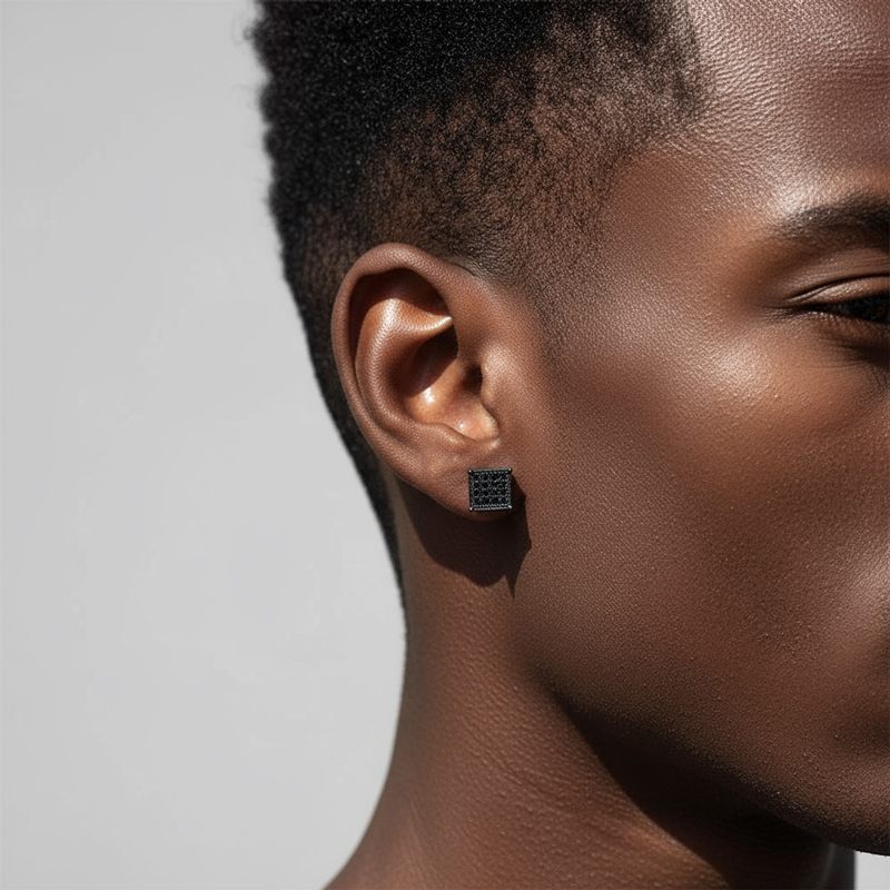 Moissanite Square Black Diamonds Paved Stud Earrings In 18K Black Gold Plated