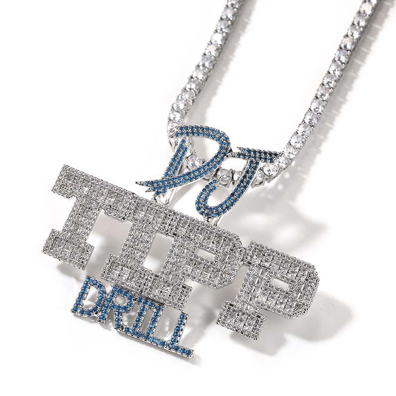 Iced Custom Blue& White Letter Name 3 Rows Combination Pendant