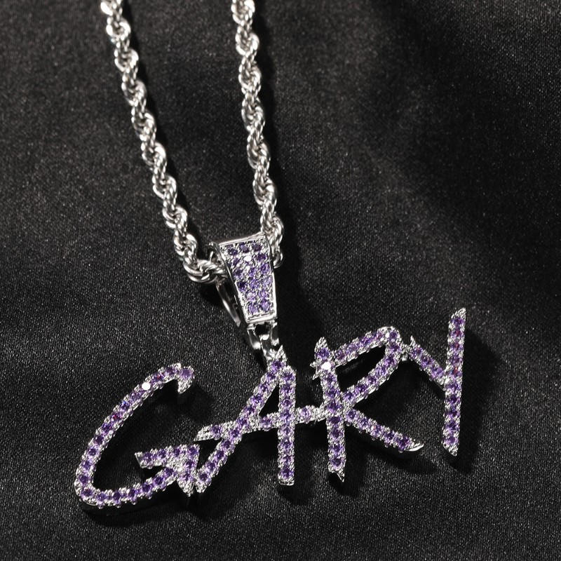 Iced Purple/Blue Custom Name Cursive Letters Pendant