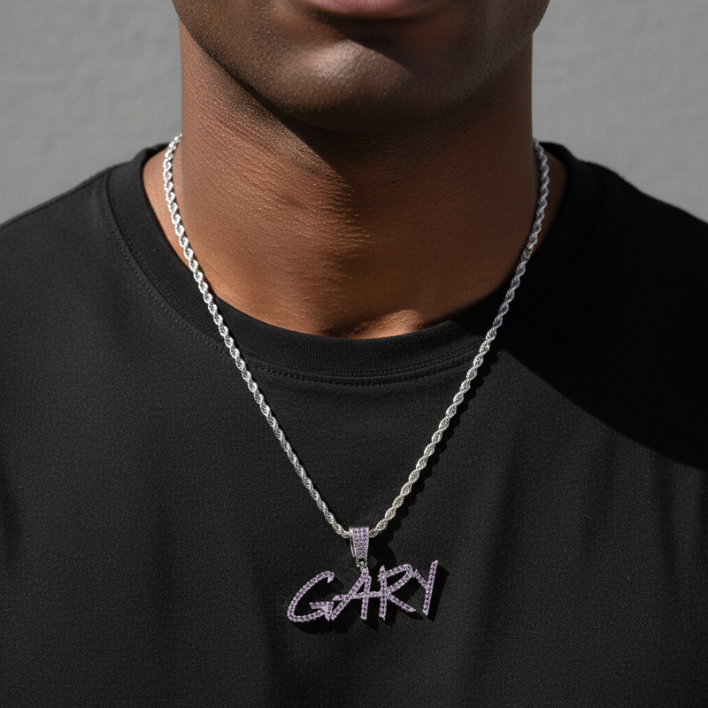 Iced Purple/Blue Custom Name Cursive Letters Pendant Iced Purple/Blue Custom Name Cursive Letters Pendant