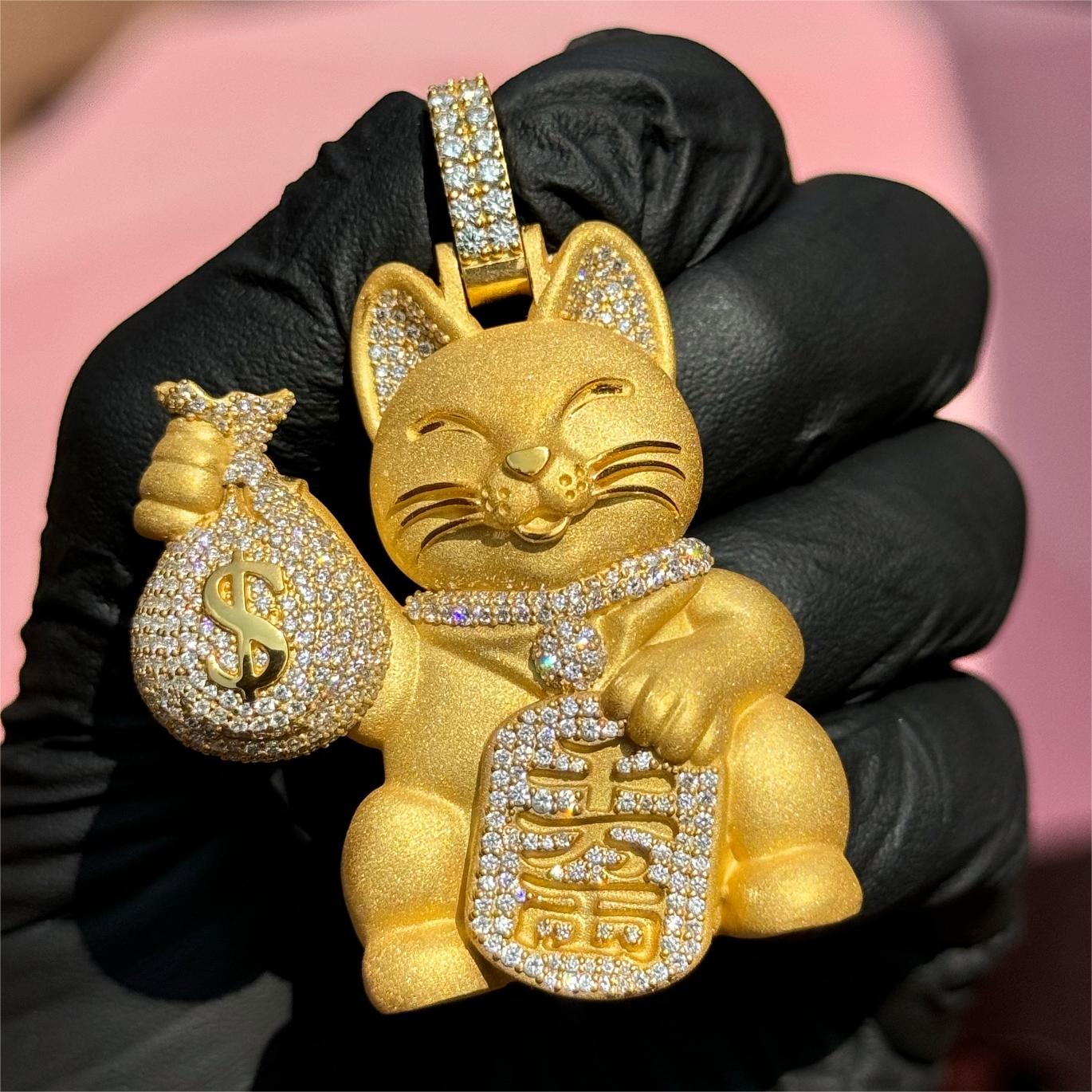 Maneki-neko with a Iced money bag pendant in 18K gold plated