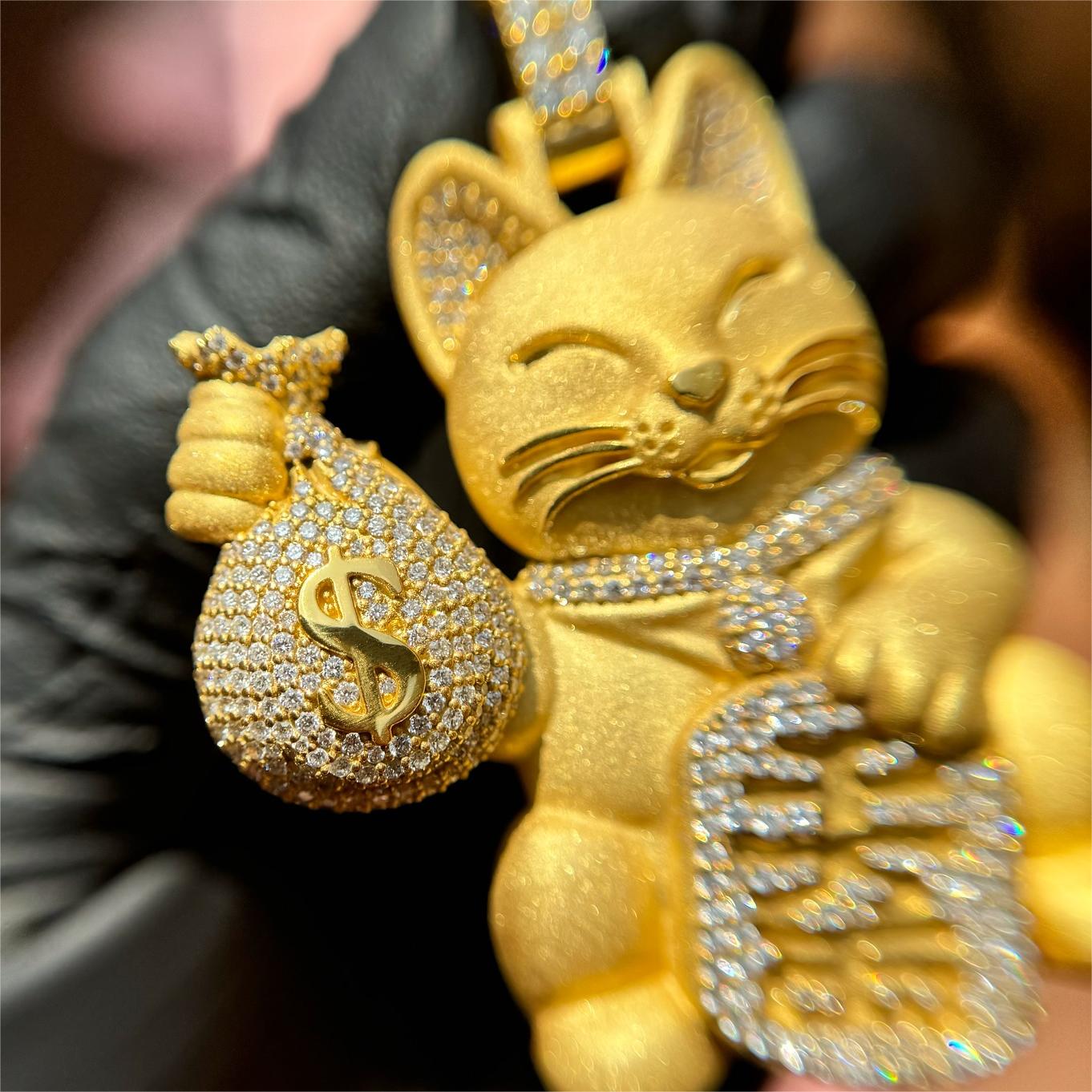 Maneki-neko with a Iced money bag pendant in 18K gold plated