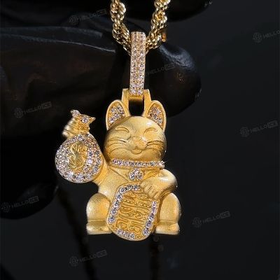 Maneki-neko with a Iced money bag pendant in 18K gold plated