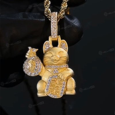 Maneki-neko with a Iced money bag pendant in 18K gold plated