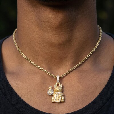 Maneki-neko with a Iced money bag pendant in 18K gold plated