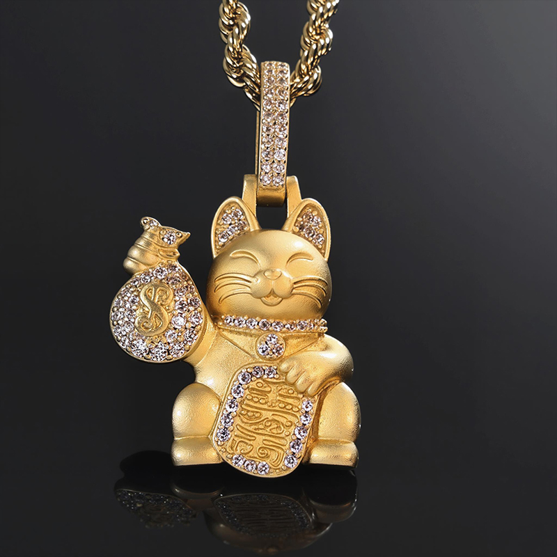 Maneki-neko with a Iced money bag pendant in 18K gold plated