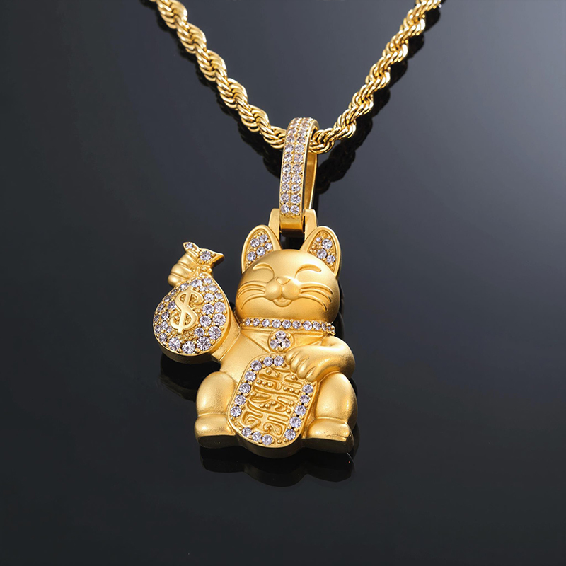Maneki-neko with a Iced money bag pendant in 18K gold plated