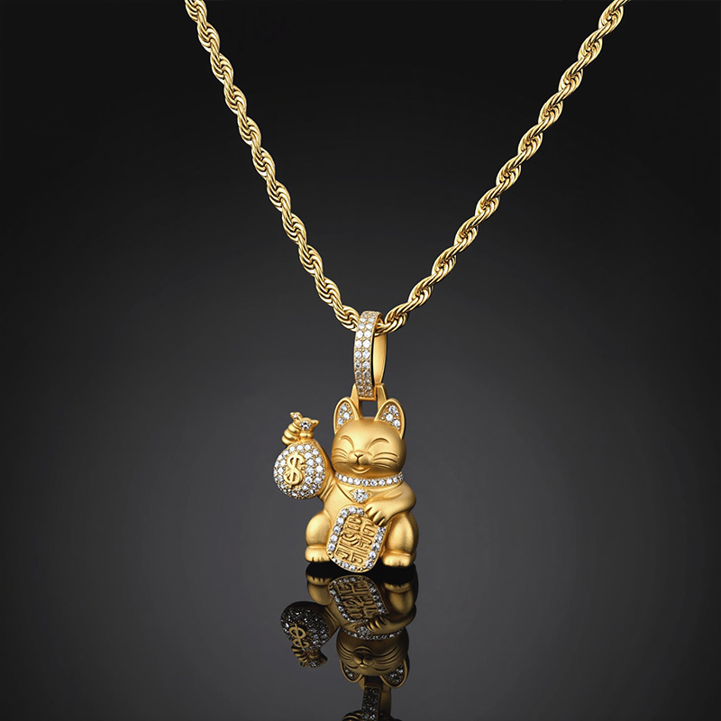 Maneki-neko with a Iced money bag pendant in 18K gold plated