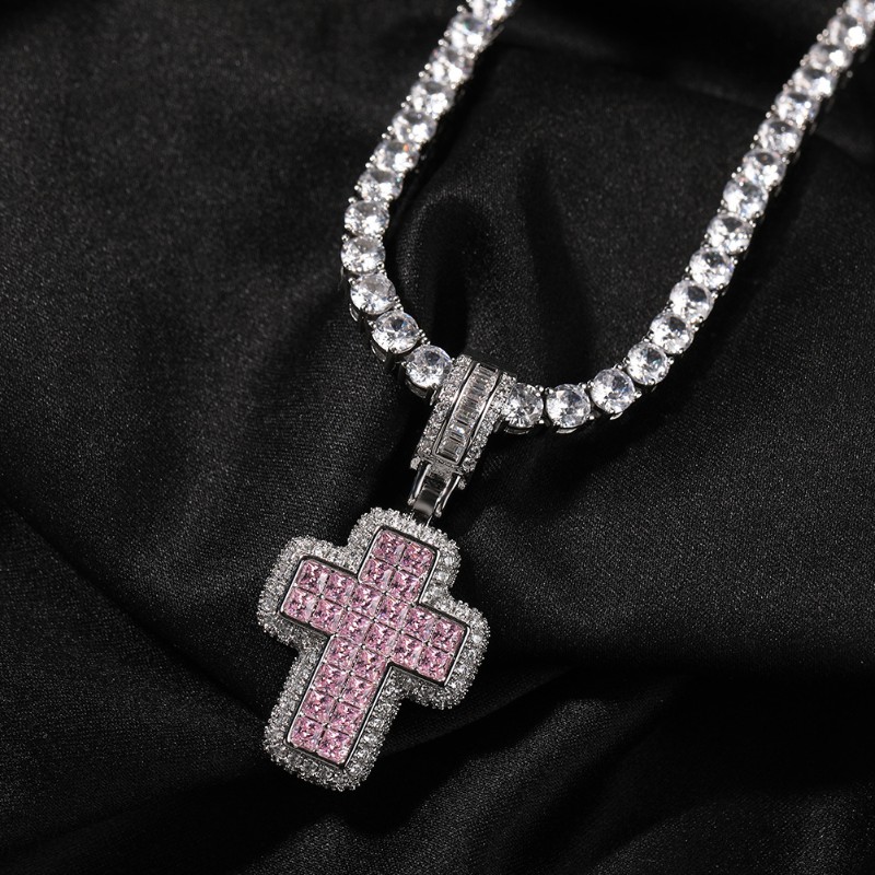 Pink/Purple Princess Cut Cross Pendant