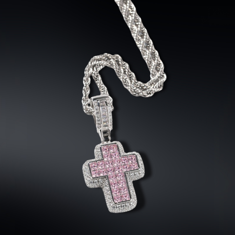 Pink/Purple Princess Cut Cross Pendant