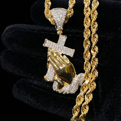 Iced Praying Hands Cross Jesus Pendant