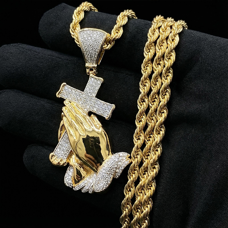 Iced Praying Hands Cross Jesus Pendant