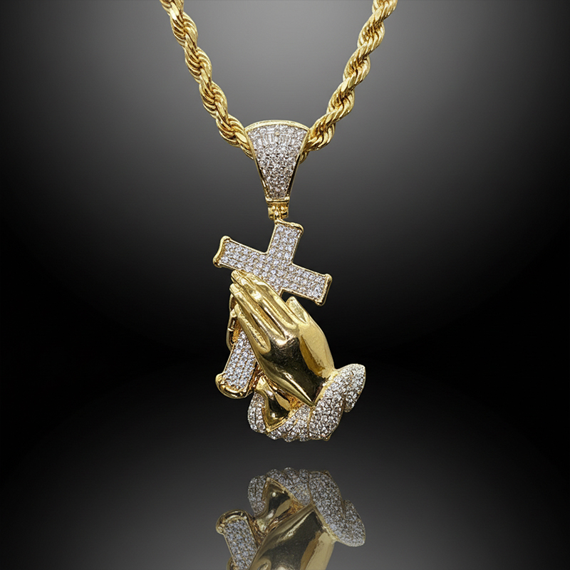 Iced Praying Hands Cross Jesus Pendant