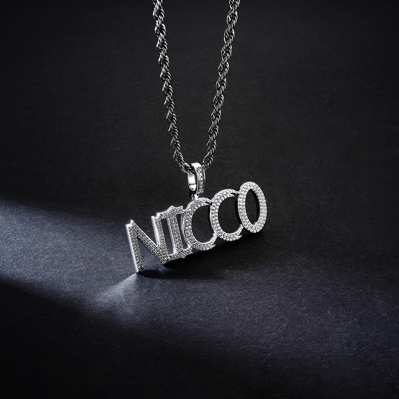 Iced Out Custom Name Pendant in White Gold