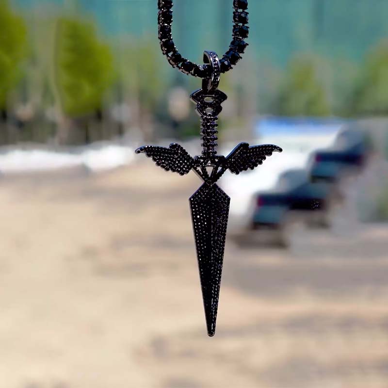 Iced Out Black Angel Wings Sword Pendant