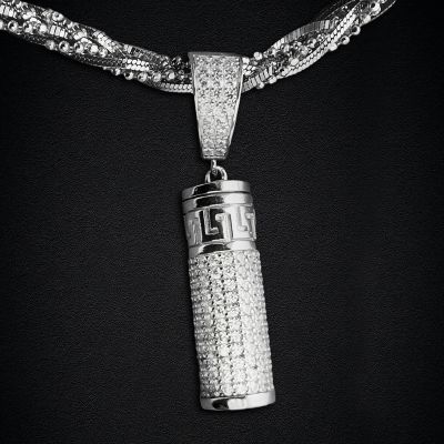 Cylindrical Swastika Carved Urn Pendant in White Gold