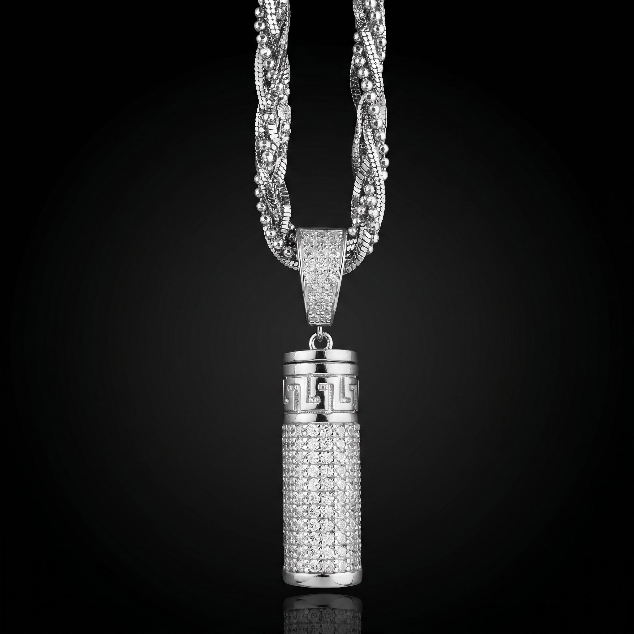 Cylindrical Swastika Carved Urn Pendant in White Gold