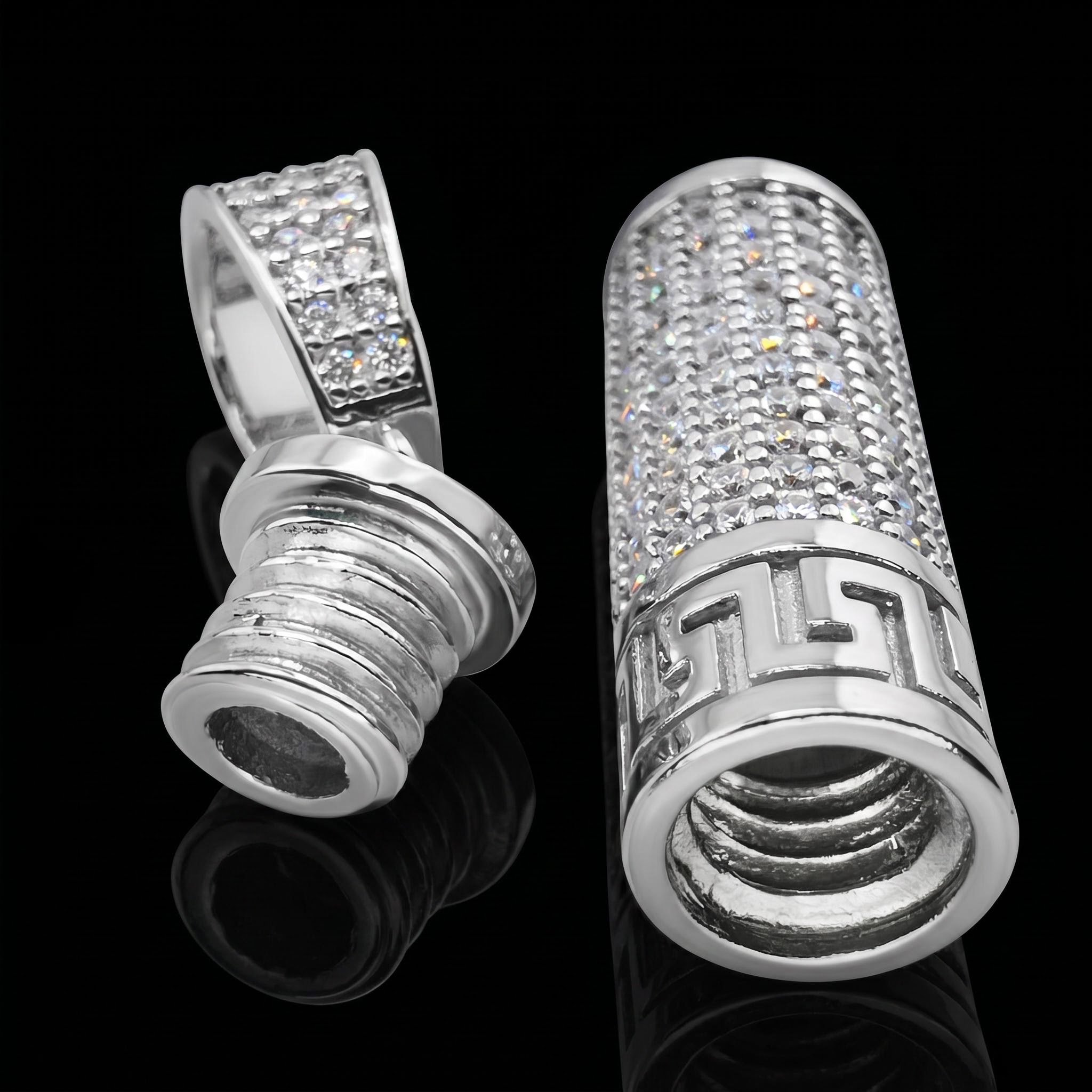 Cylindrical Swastika Carved Urn Pendant in White Gold