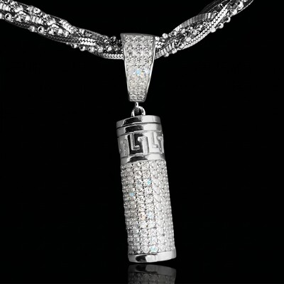 Cylindrical Swastika Carved Urn Pendant in White Gold