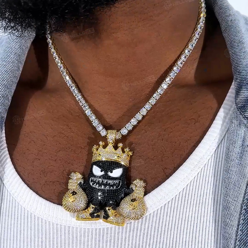 Iced Out Crown Little Monster Money Bag Pendant