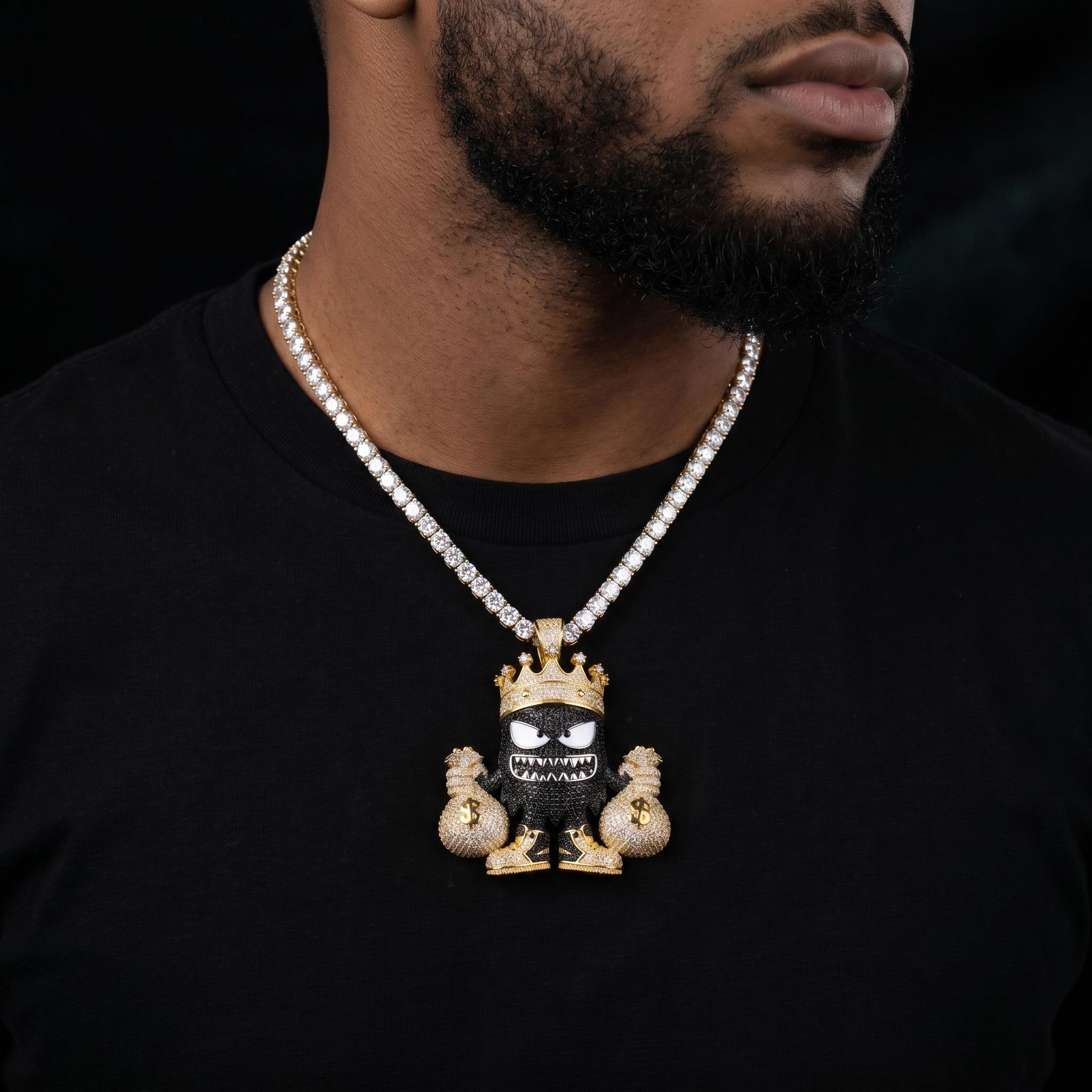 Iced Out Crown Little Monster Money Bag Pendant Iced Out Crown Little Monster Money Bag Pendant