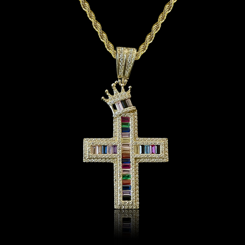 Multicolor Baguette Cut Crown Cross Pendant