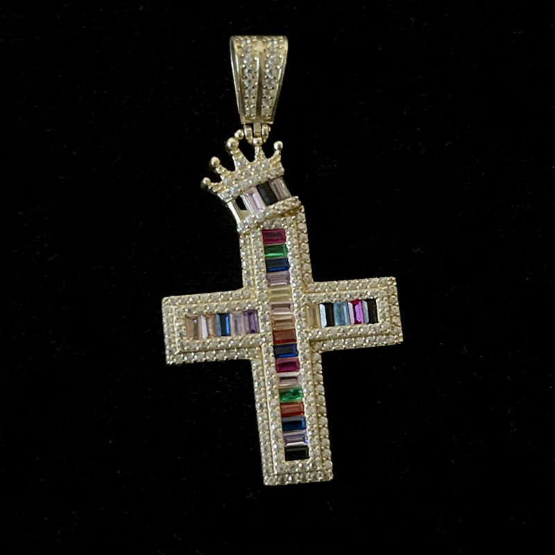 Multicolor Baguette Cut Crown Cross Pendant