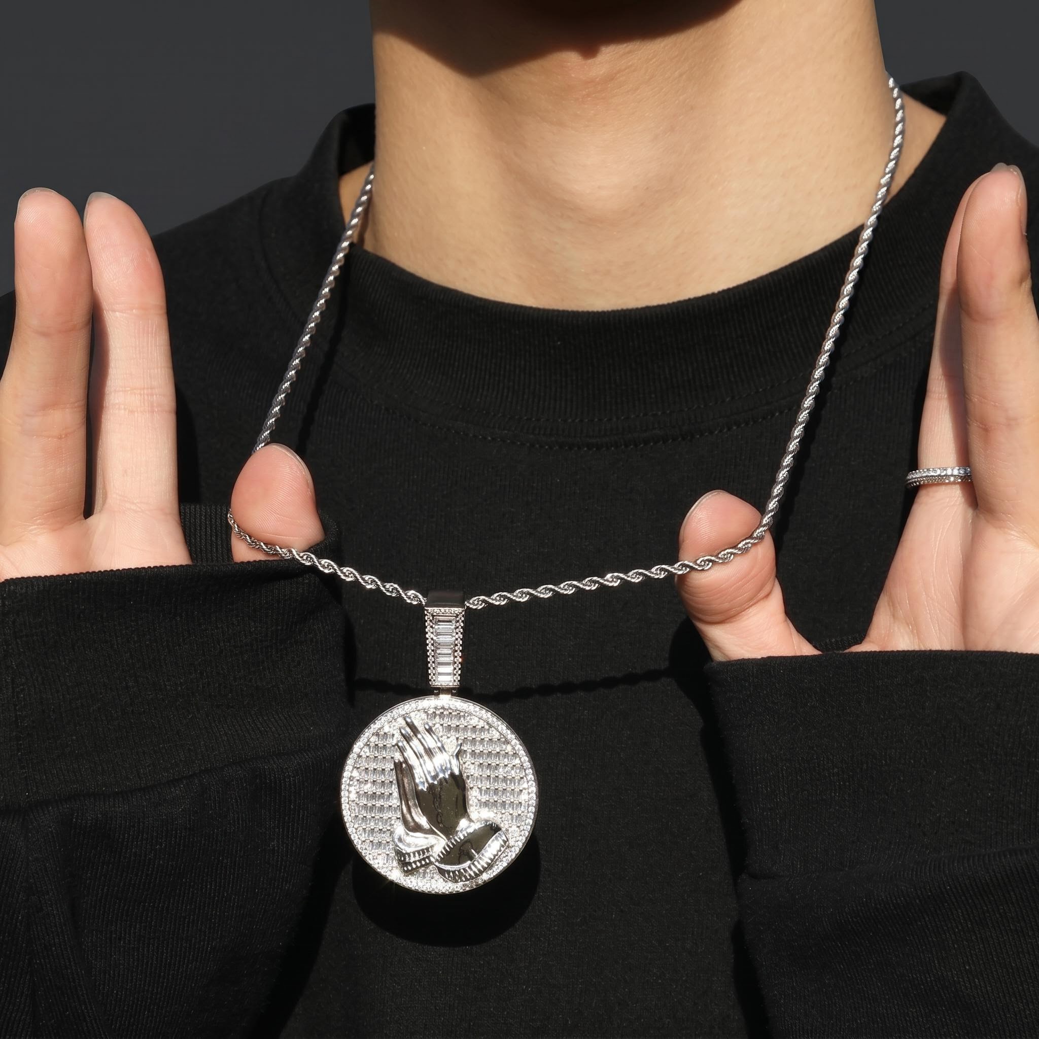 Baguette Cut Praying Hands Pendant