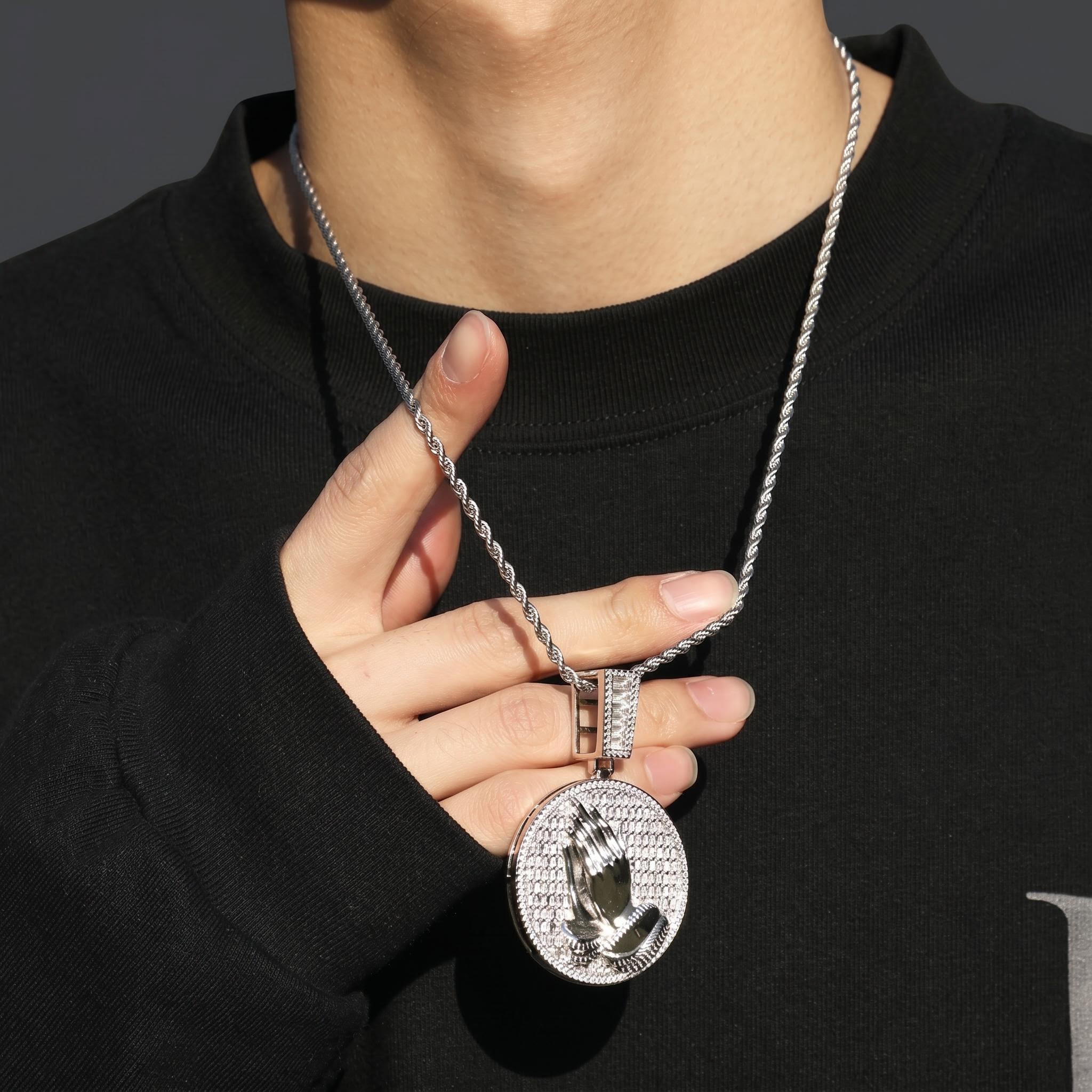 Baguette Cut Praying Hands Pendant