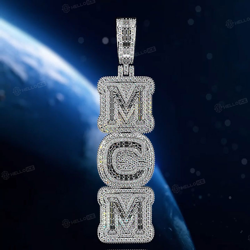 Iced Custom Baguette Double Layer Vertical Letter Pendant