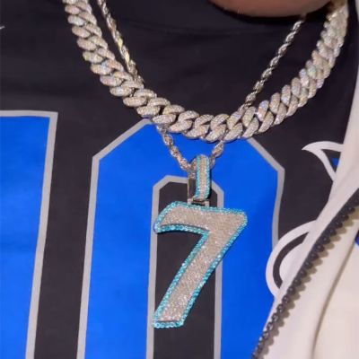 Iced Out Custom Blue Micro Pave Number Pendant