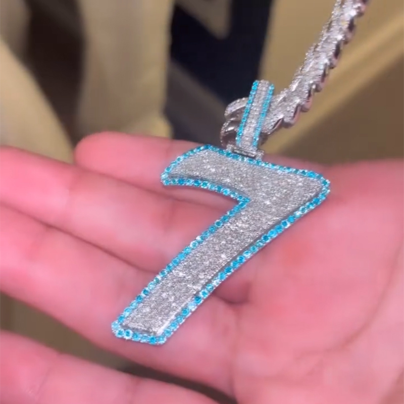 Iced Out Custom Blue Micro Pave Number Pendant