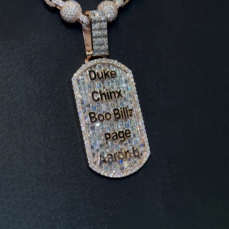 Iced Out Custom Name Baguette Cut Dog Tag Memorial Pendant