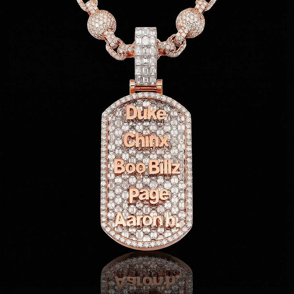 Iced Out Custom Name Baguette Cut Dog Tag Memorial Pendant