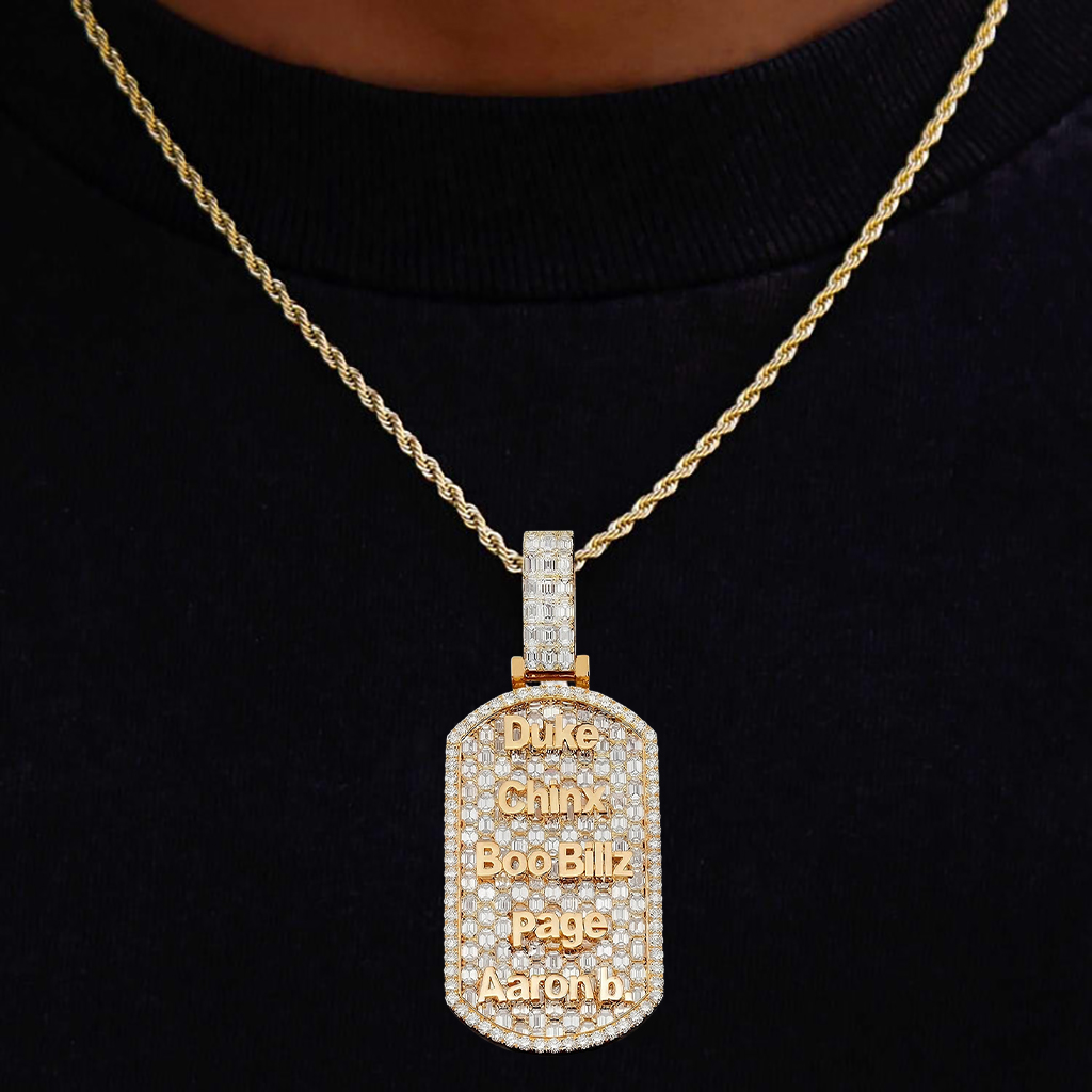 Iced Out Custom Name Baguette Cut Dog Tag Memorial Pendant
