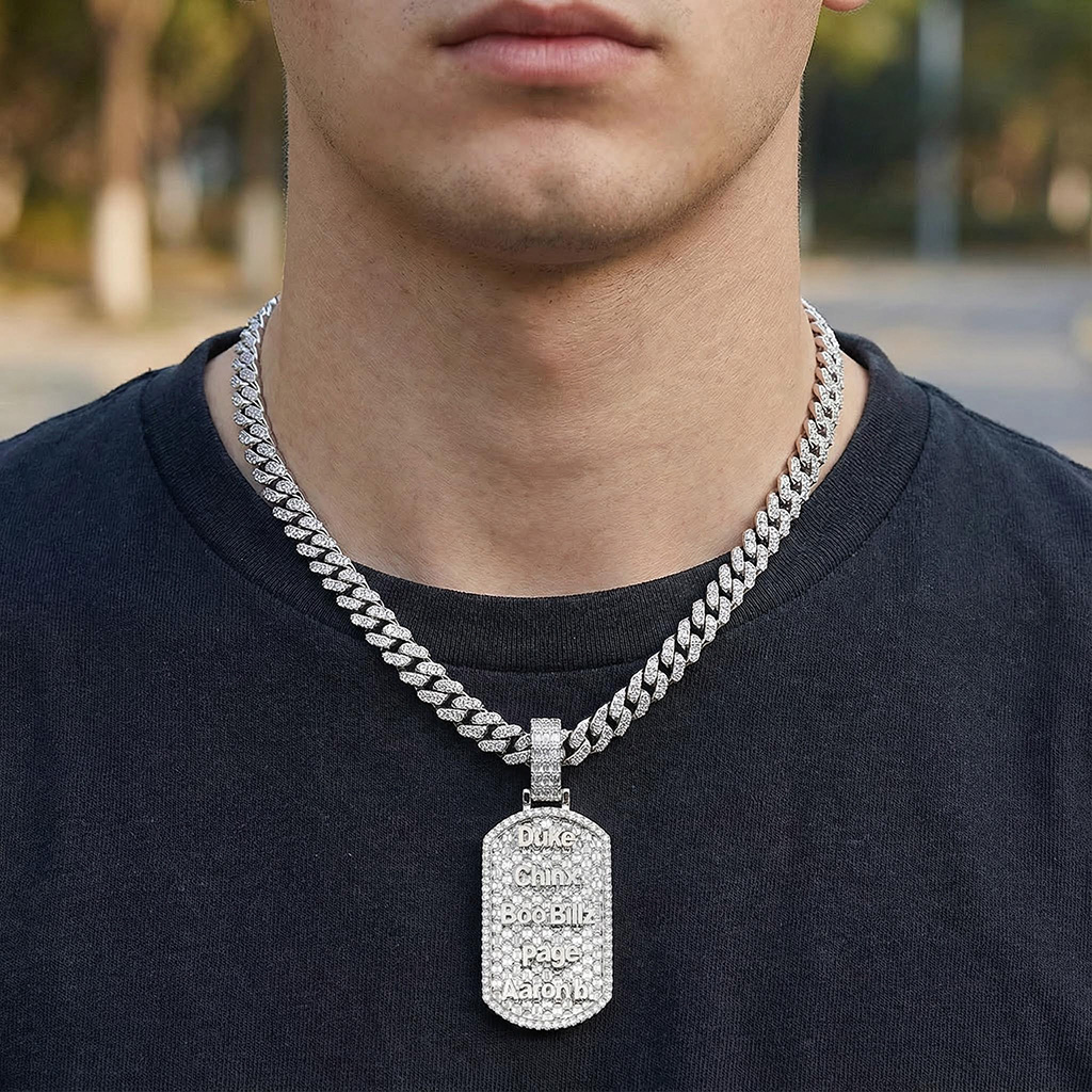 Iced Out Custom Name Baguette Cut Dog Tag Memorial Pendant