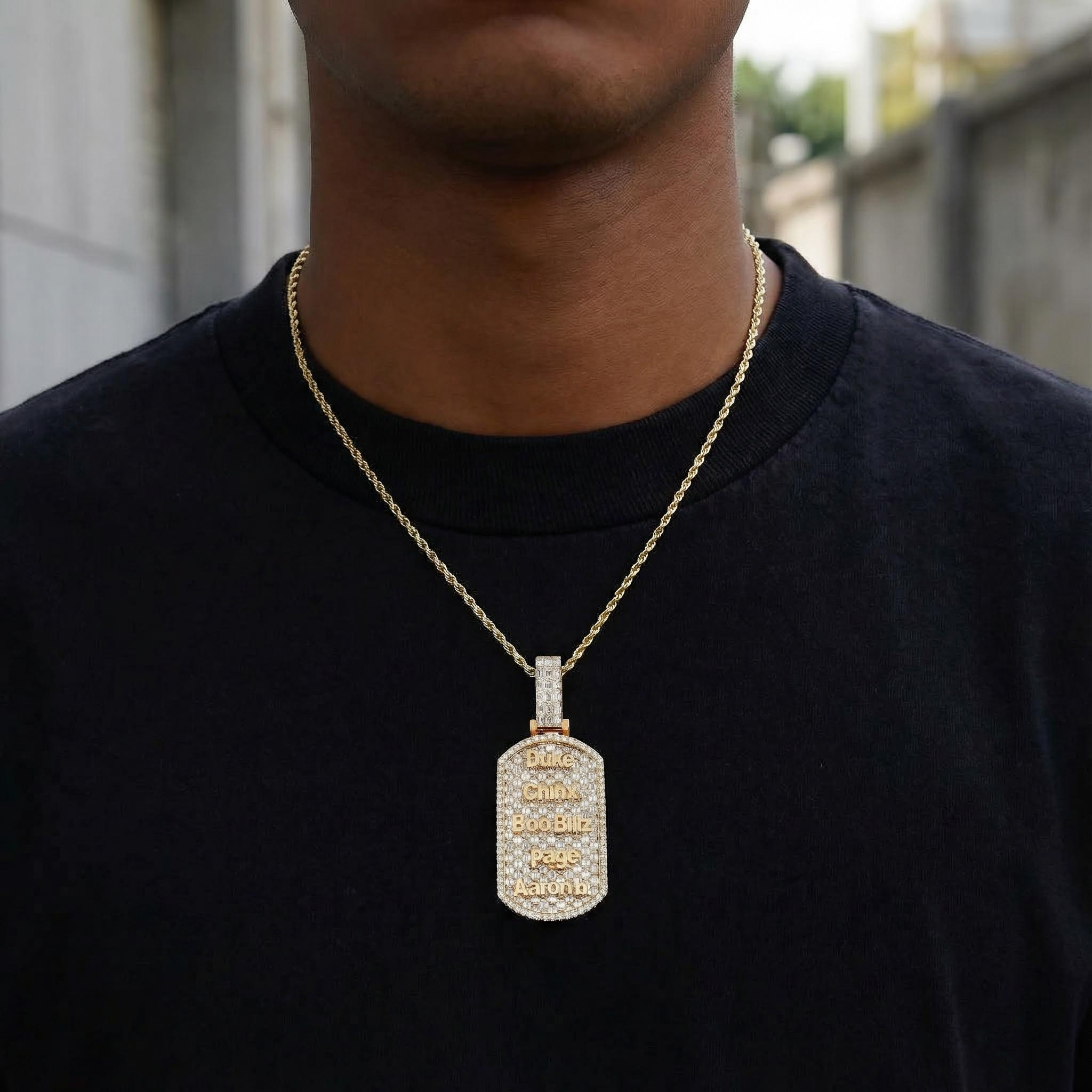 Iced Out Custom Name Baguette Cut Dog Tag Memorial Pendant