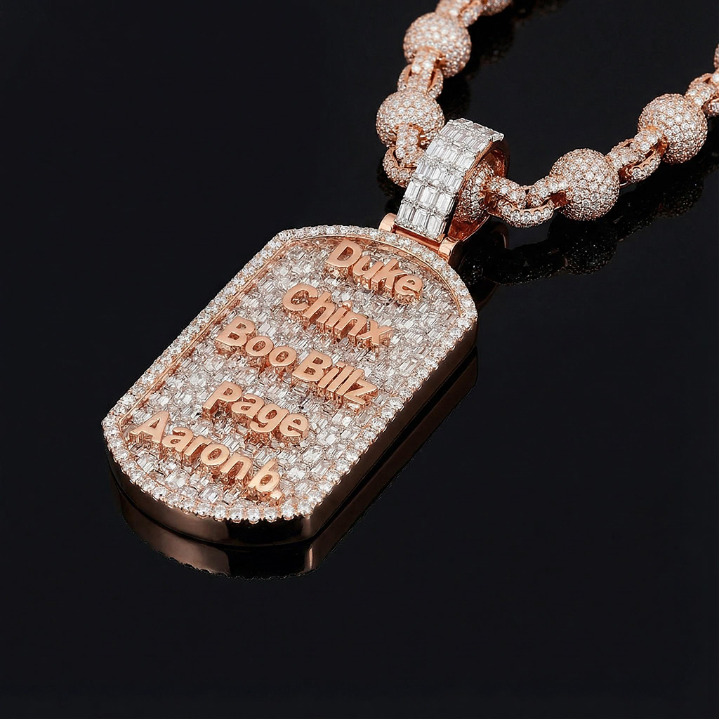 Iced Out Custom Name Baguette Cut Dog Tag Memorial Pendant