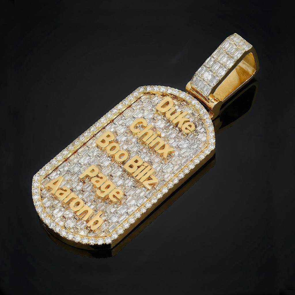 Iced Out Custom Name Baguette Cut Dog Tag Memorial Pendant