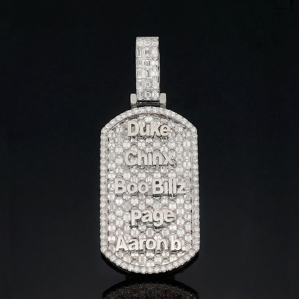 Iced Out Custom Name Baguette Cut Dog Tag Memorial Pendant