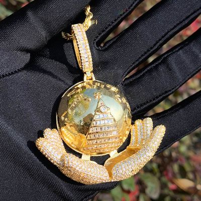 Iced Out Hand Holding World Pyramid Baguette Pendant